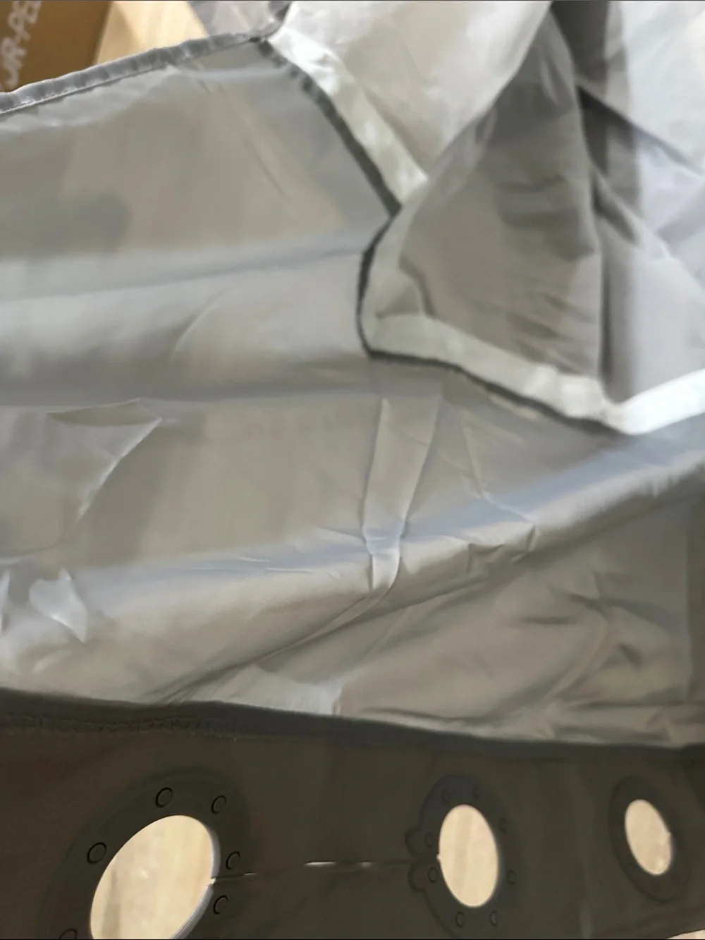 Hookless shower curtain with is a snap peva liner.  Gray sheer top